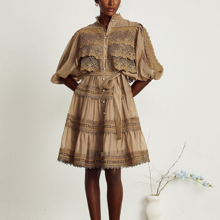 Vanessa Olive Green Lace Mini Dress with Puff Sleeves and Cut-Out Design