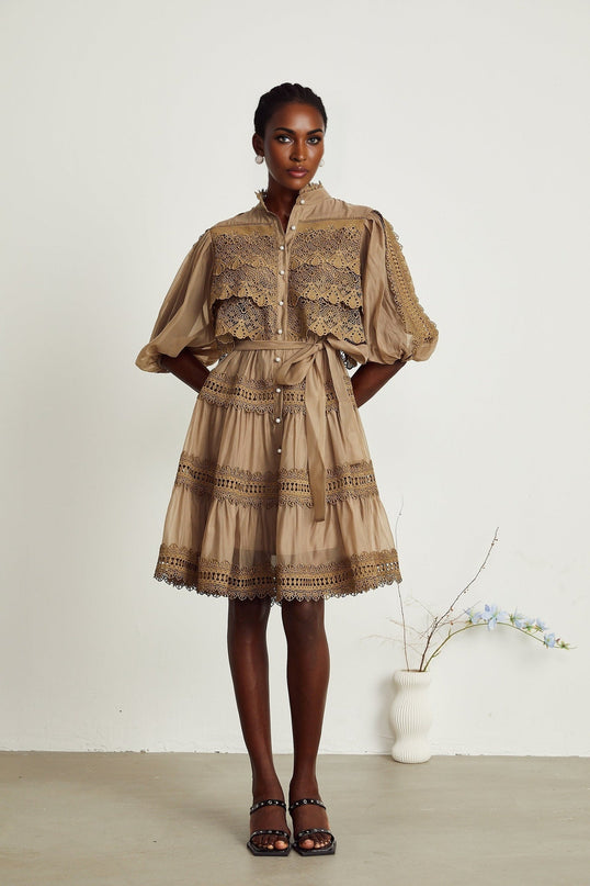 Vanessa Olive Green Lace Mini Dress with Puff Sleeves and Cut-Out Design