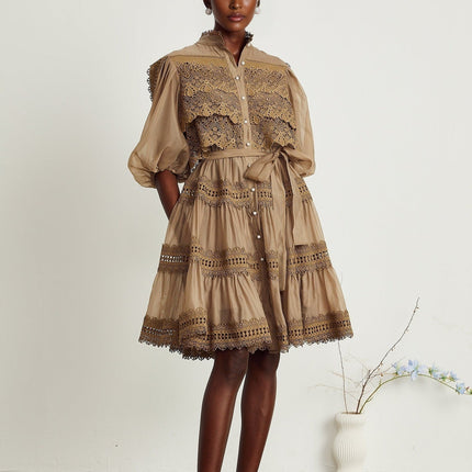 Vanessa Olive Green Lace Mini Dress with Mock Neck and Puff Sleeves