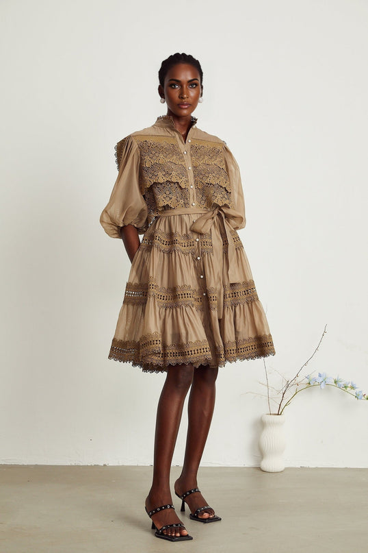 Vanessa Olive Green Lace Mini Dress with Mock Neck and Puff Sleeves