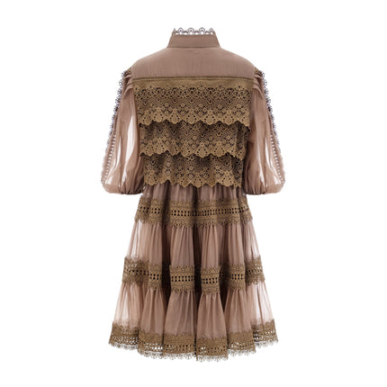 Vanessa Olive Green Lace Mini Dress with Puff Sleeves and Cut-Out Design