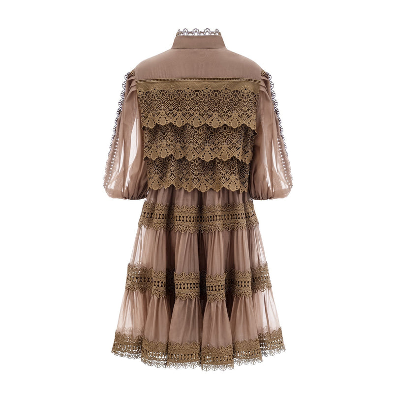 Vanessa Olive Green Lace Mini Dress with Puff Sleeves and Cut-Out Design
