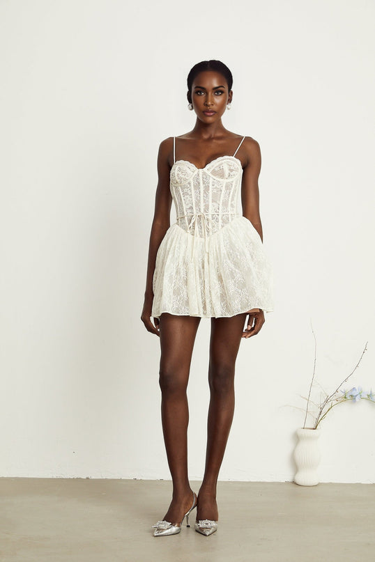 Vanessa White Lace Corset Pleated Mini Dress
