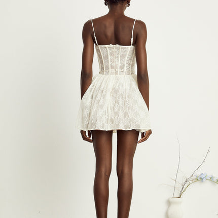 Vanessa White Lace Corset Pleated Mini Dress