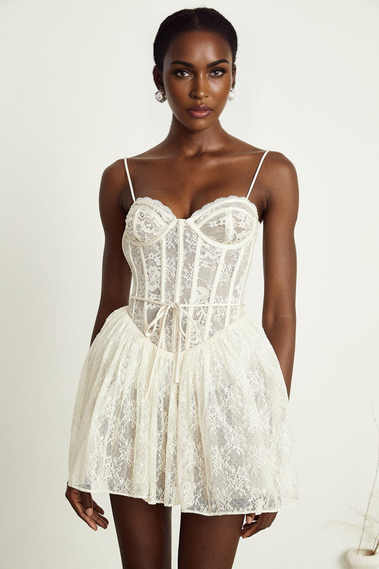 Vanessa White Lace Corset Pleated Mini Dress