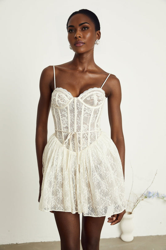 Vanessa White Lace Corset Pleated Mini Dress
