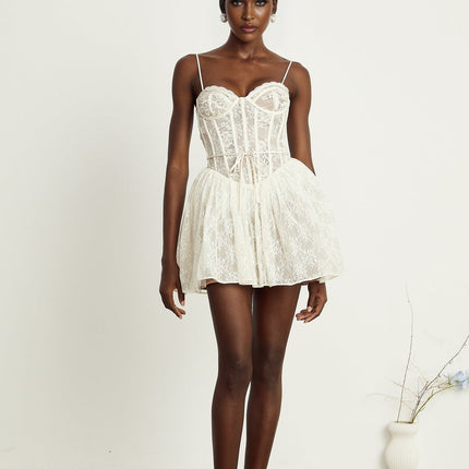 Vanessa White Lace Corset Pleated Mini Dress