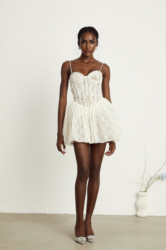 Vanessa White Lace Corset Pleated Mini Dress