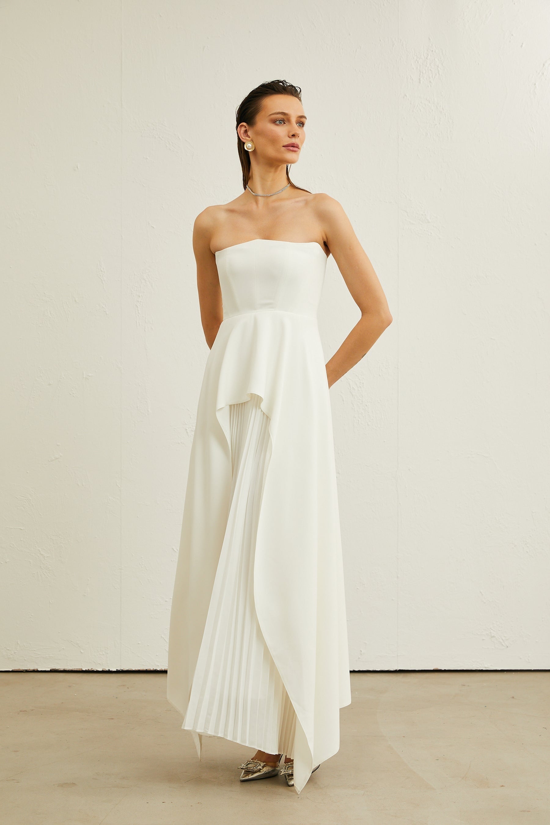 Vanessa white pleated offshoulder maxi dress