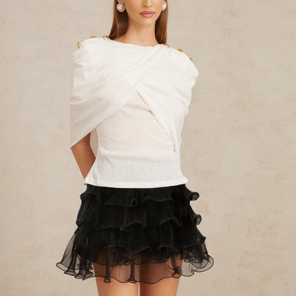 Vappu White Color Block Ruched Co-ord Set Women's Fashion Outfit