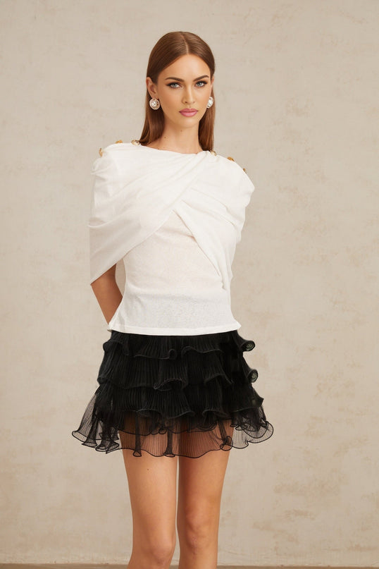 Vappu White Color Block Ruched Co-ord Set Women's Fashion Outfit