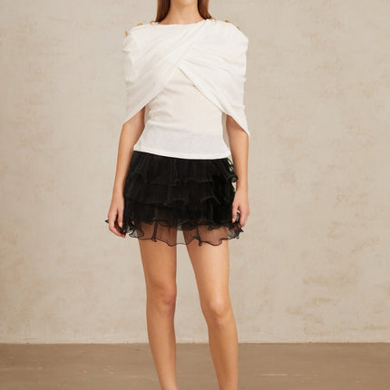 Vappu White Color Block Ruched Co-ord Set elegant sophisticated bateau neck cape design epaulet detailing ruched accents rear button fastening high-rise silhouette black delicate tulle ruffled tiers elasticated waistband luxurious Terylene fiber impeccable craftsmanship timeless style upscale event
