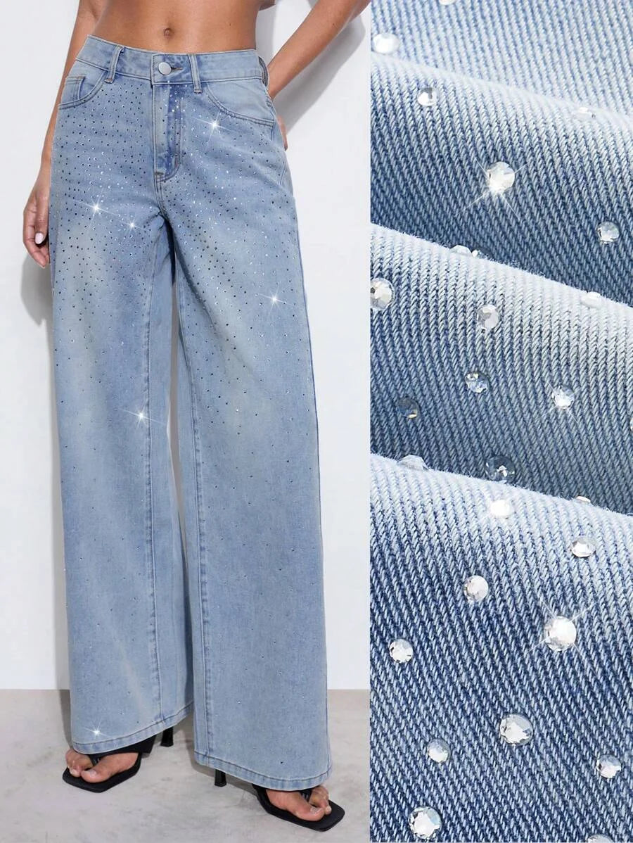Vaqueros casuales de pierna recta con adornos de rhinestone para mujer color azul
