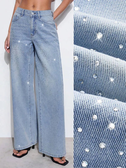 Vaqueros casuales de pierna recta con adornos de rhinestone para mujer color azul