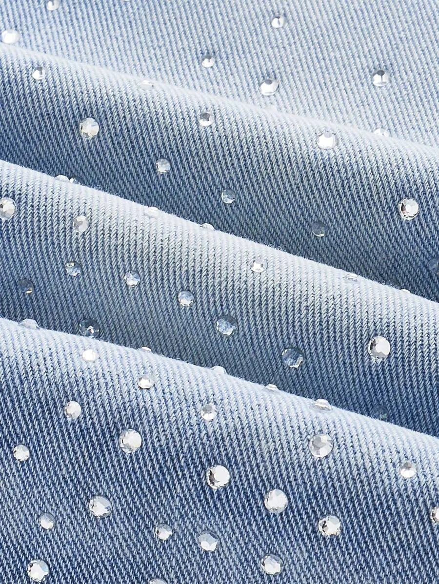 Vaqueros casuales de pierna recta con adornos de rhinestone para mujer color azul