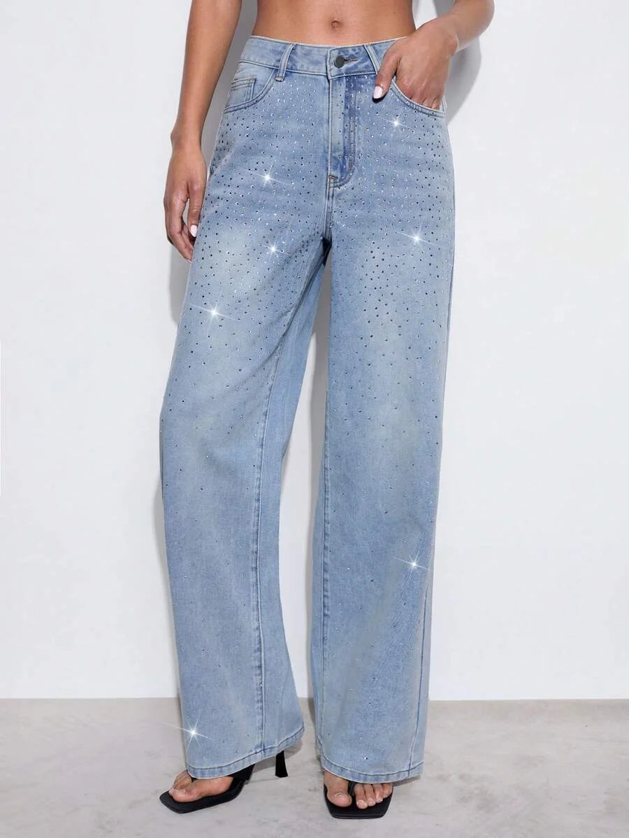 Vaqueros casuales de pierna recta con adornos de rhinestone para mujer color azul