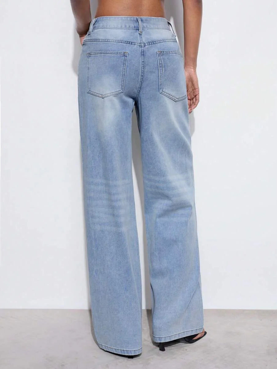 Vaqueros casuales de pierna recta con adornos de rhinestone para mujer color azul