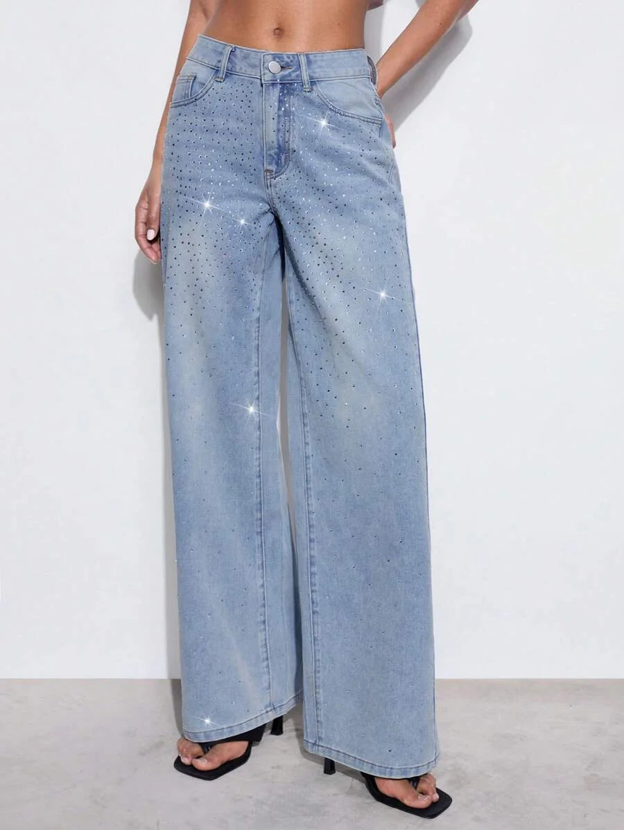 Vaqueros casuales de pierna recta con adornos de rhinestone para mujer color azul