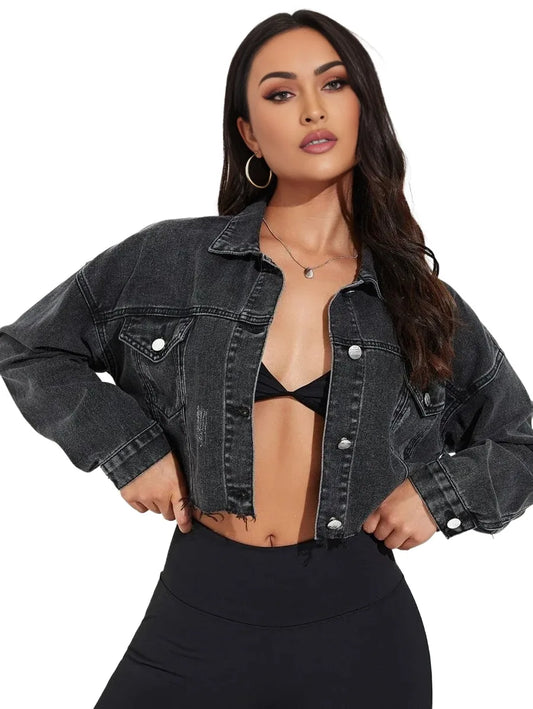 VCAY Cat Scratch Frayed Hem Drop Shoulder Crop Denim Jacket