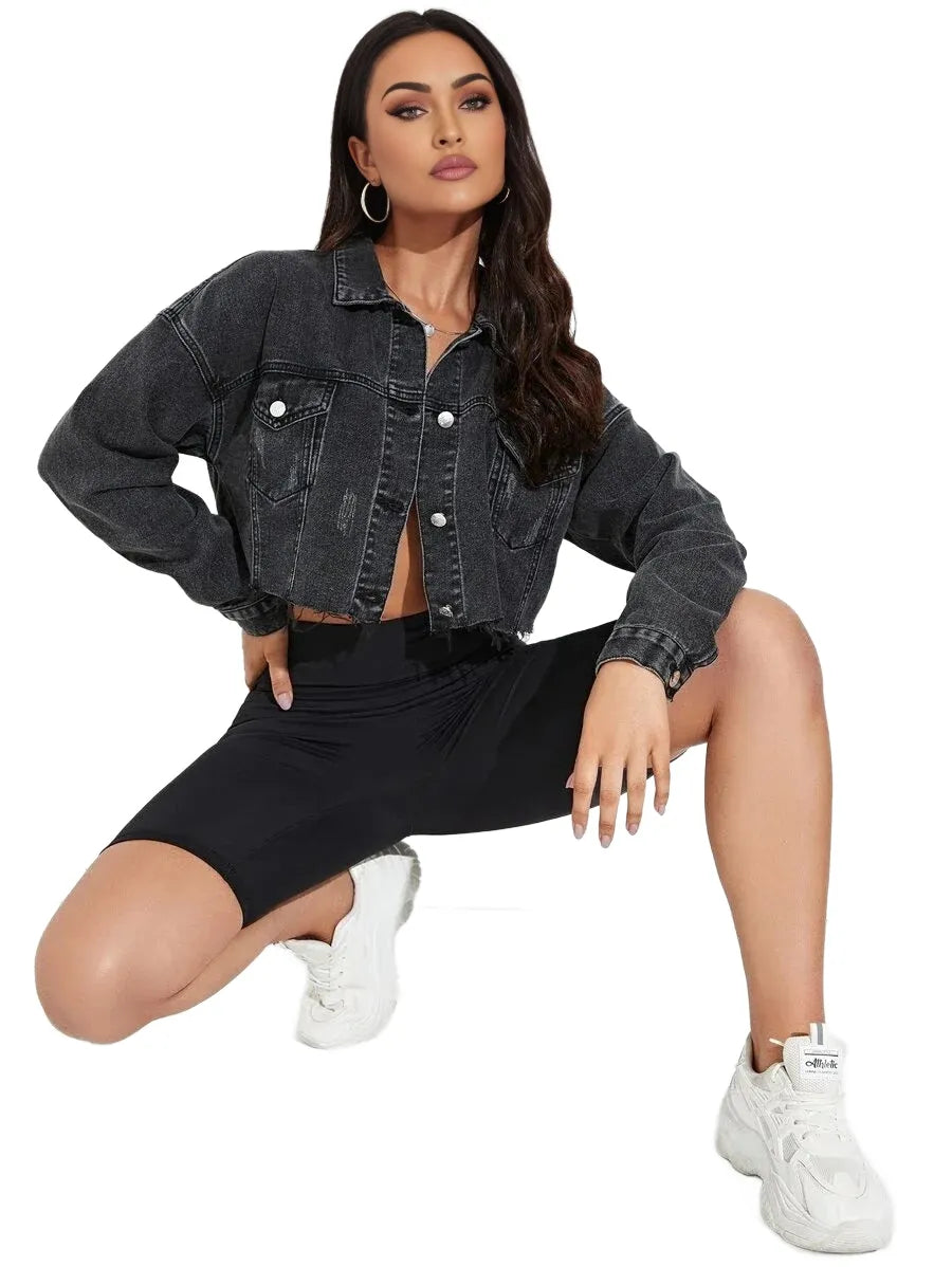 VCAY Cat Scratch Frayed Hem Drop Shoulder Crop Denim Jacket