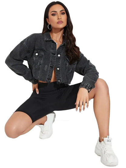 VCAY Cat Scratch Frayed Hem Drop Shoulder Crop Denim Jacket