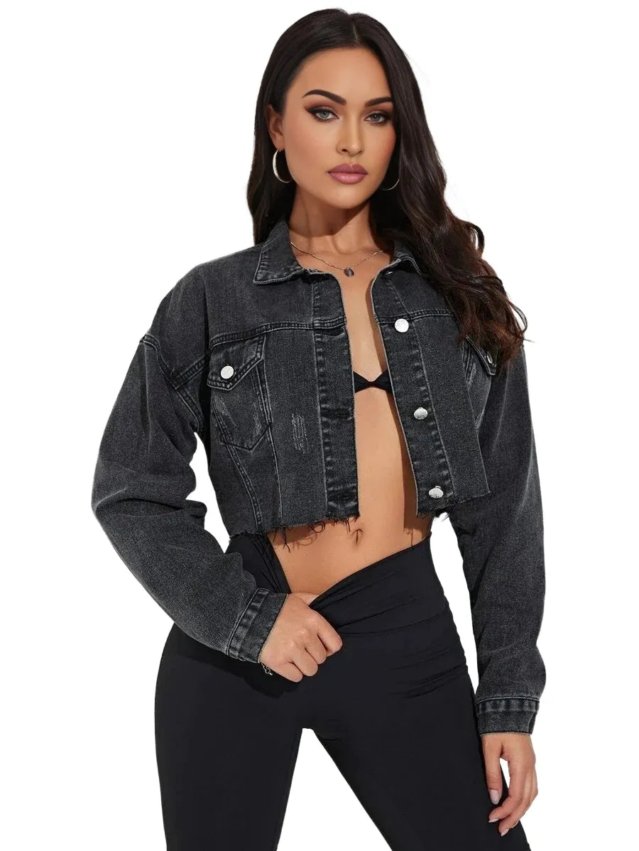 VCAY Cat Scratch Frayed Hem Drop Shoulder Crop Denim Jacket