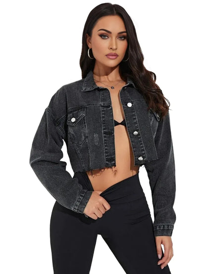 VCAY Cat Scratch Frayed Hem Drop Shoulder Crop Denim Jacket