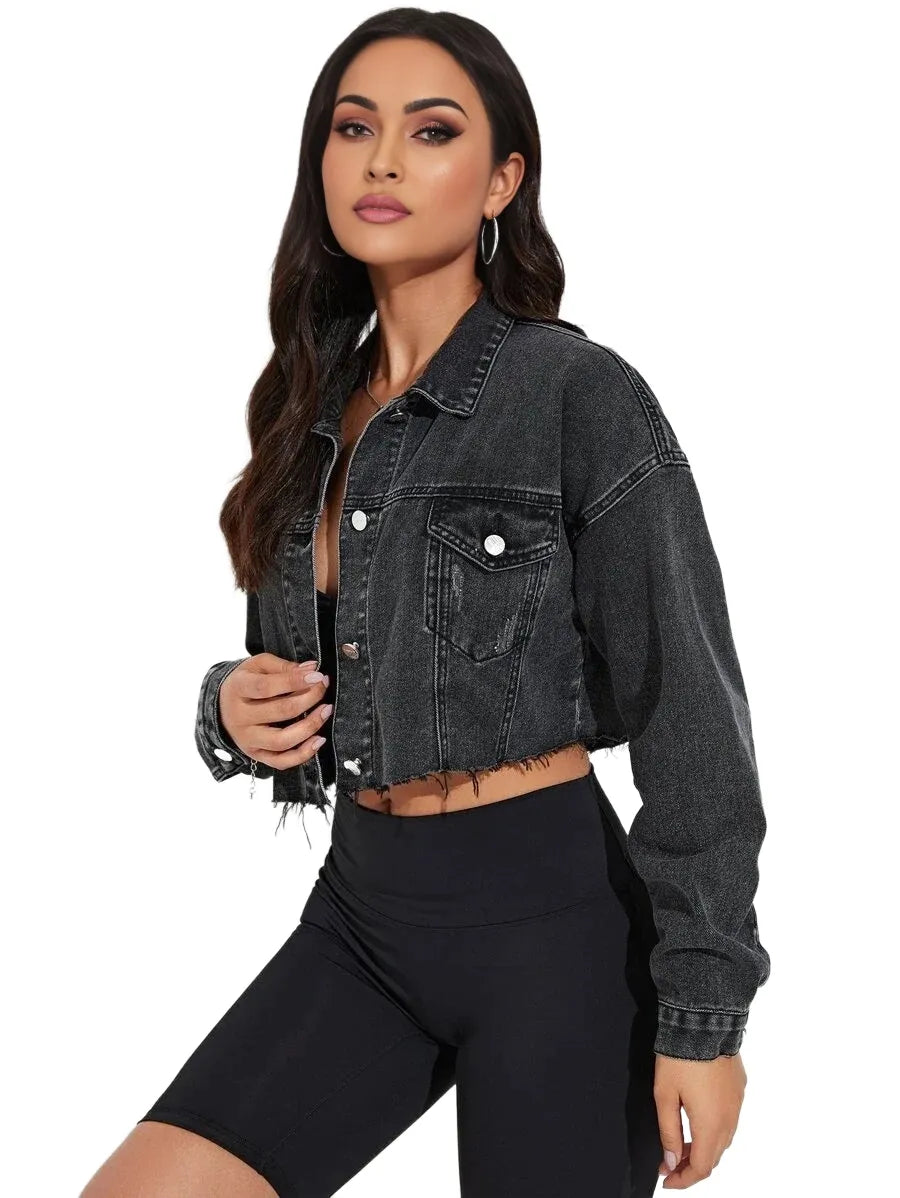VCAY Cat Scratch Frayed Hem Drop Shoulder Crop Denim Jacket