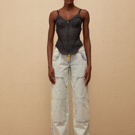 Veera in Indigo Blue Bustier Denim Top with Mesh Paneling and Zip Fastening