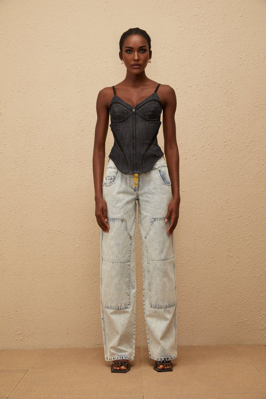Veera in Indigo Blue Bustier Denim Top with Mesh Paneling and Zip Fastening