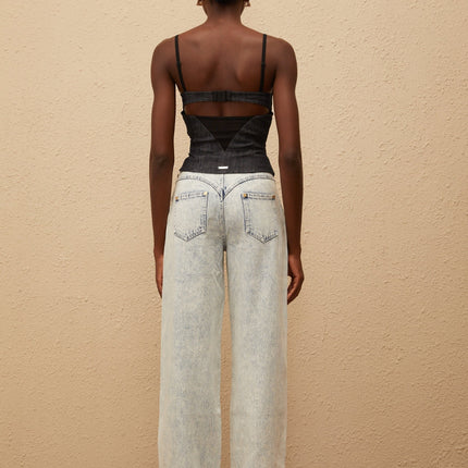 Veera in Indigo Blue Bustier Denim Top with Mesh Paneling and Zip Fastening