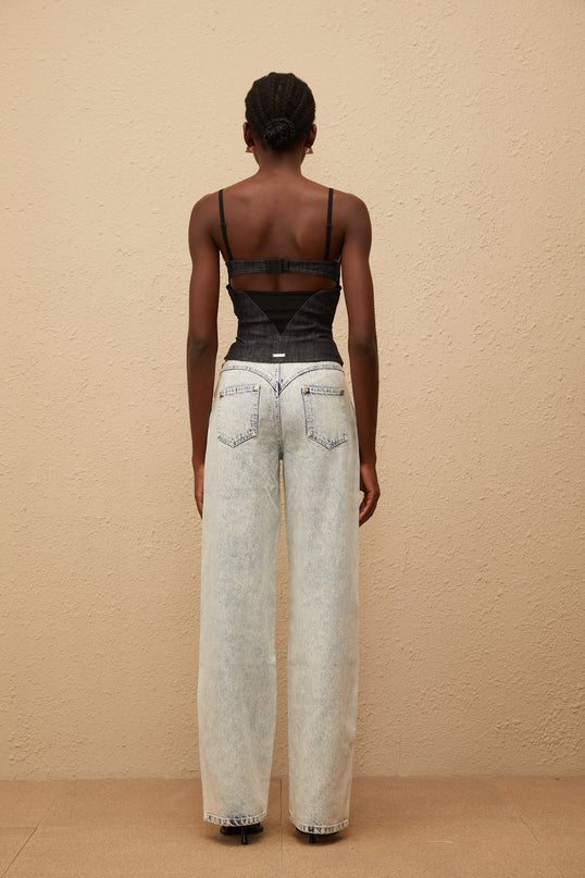 Veera in Indigo Blue Bustier Denim Top with Mesh Paneling and Zip Fastening