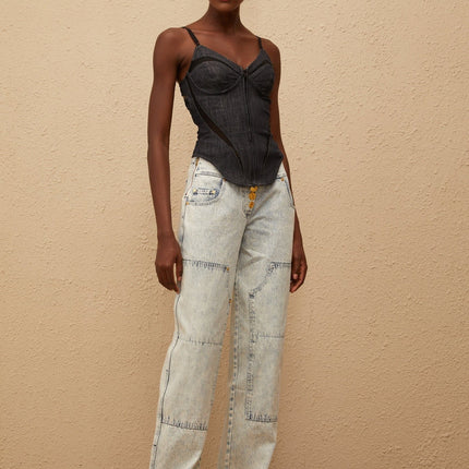 Veera Indigo Blue Bustier Denim Top with V-neck and mesh paneling