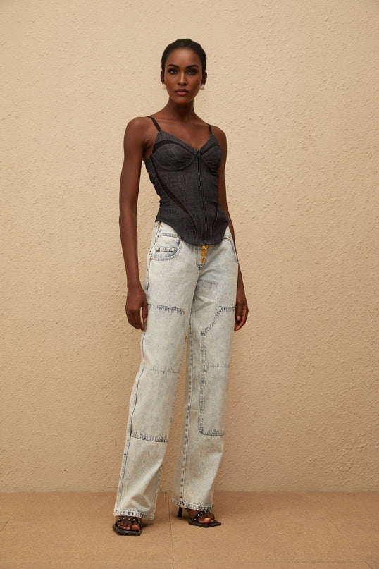 Veera Indigo Blue Bustier Denim Top with V-neck and mesh paneling