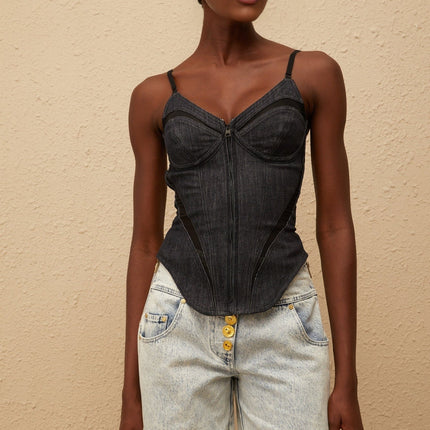 Veera in Indigo Blue Bustier Denim Top with Mesh Paneling and Zip Fastening