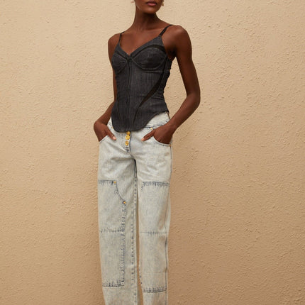 Veera Indigo Blue Bustier Denim Top with V-neck and mesh paneling