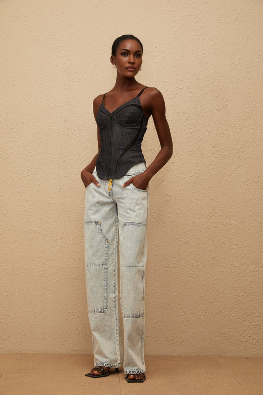 Veera Indigo Blue Bustier Denim Top with V-neck and mesh paneling