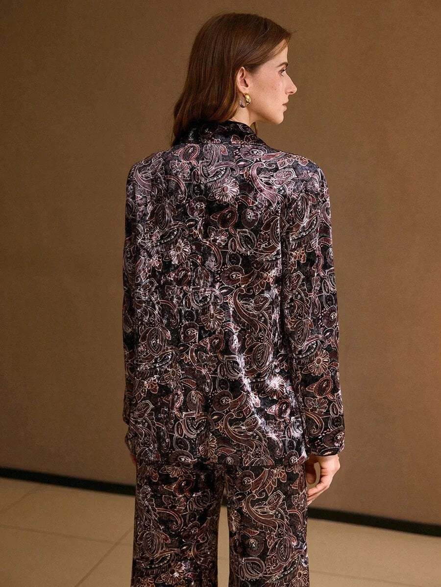 VELVET ALLOVER PRINT LAPEL COLLAR BLAZER