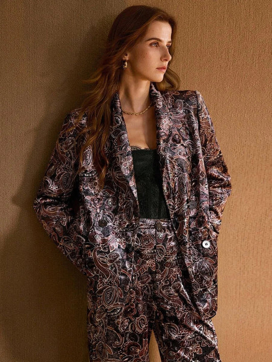 VELVET ALLOVER PRINT LAPEL COLLAR BLAZER