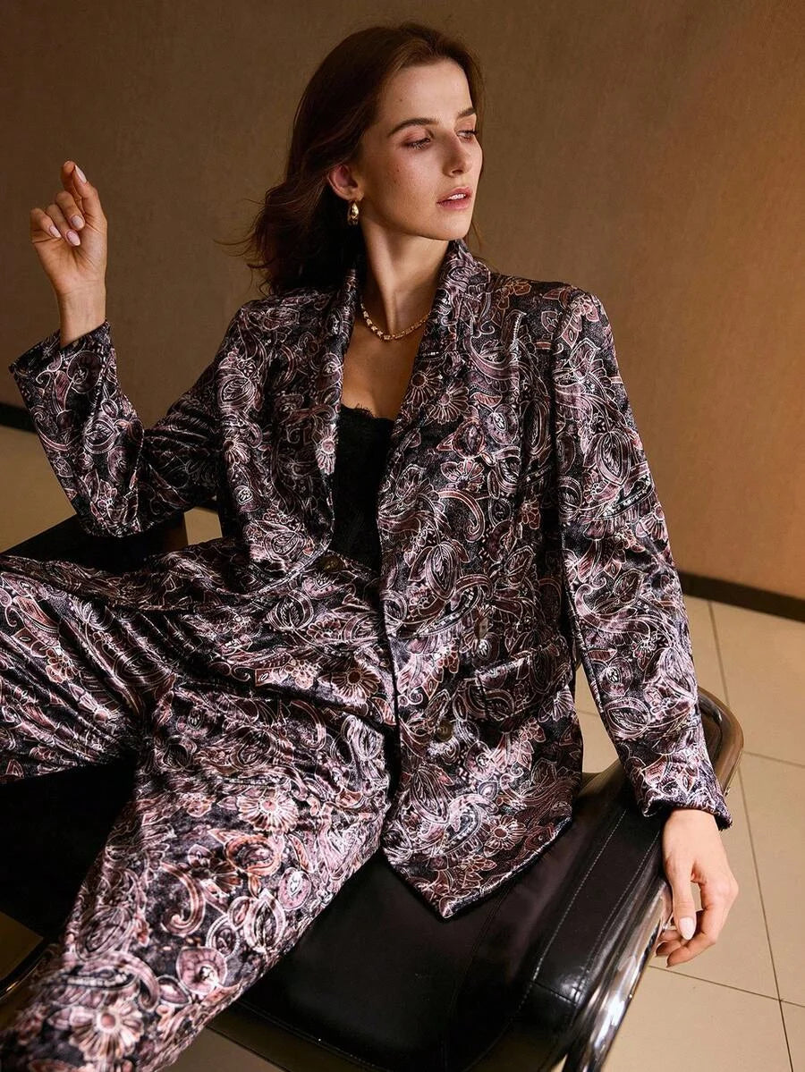 VELVET ALLOVER PRINT LAPEL COLLAR BLAZER
