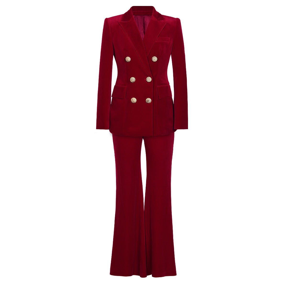 Velvet Double - Breasted Suit with Flared Trousers - Red