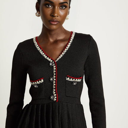 Vera Black Knitted Mini Dress with V Neck and Front Button Fastening
