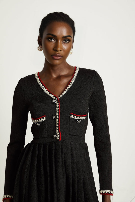 Vera Black Knitted Mini Dress with V Neck and Front Button Fastening