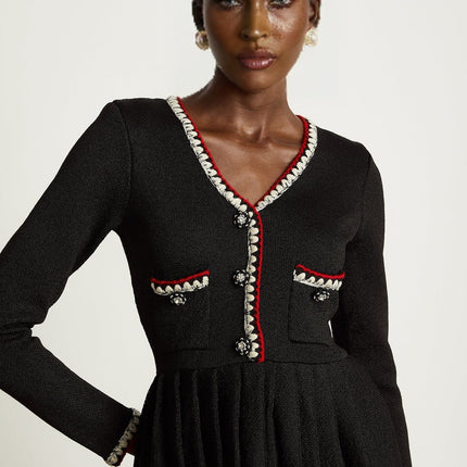 Vera Black Knitted Mini Dress with V Neck and Front Button Fastening