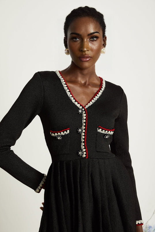 Vera Black Knitted Mini Dress with V Neck and Front Button Fastening