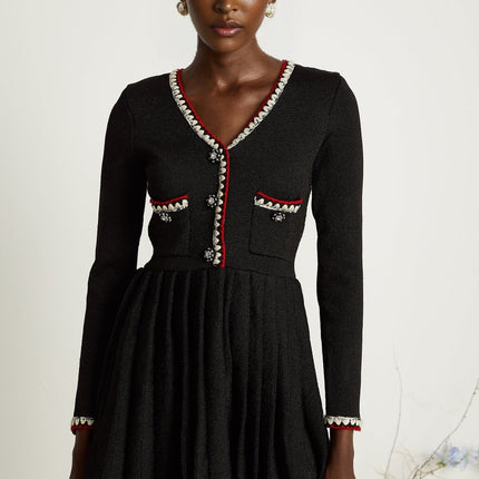 Vera Black Knitted Mini Dress with V Neck and Front Button Fastening