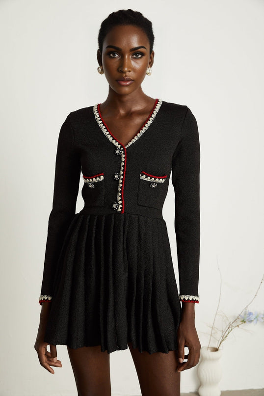 Vera Black Knitted Mini Dress with V Neck and Front Button Fastening