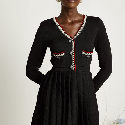 Vera Black Knitted Mini Dress V Neck Button Front Pleated Trim Pockets