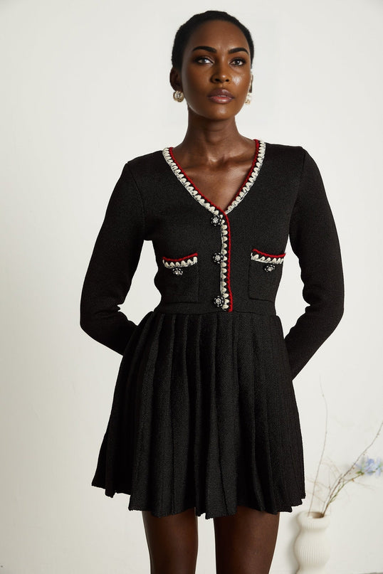 Vera Black Knitted Mini Dress V Neck Button Front Pleated Trim Pockets