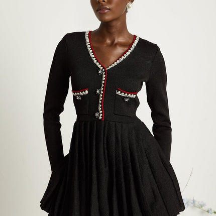 Vera Black Knitted Mini Dress with V Neck and Front Button Fastening
